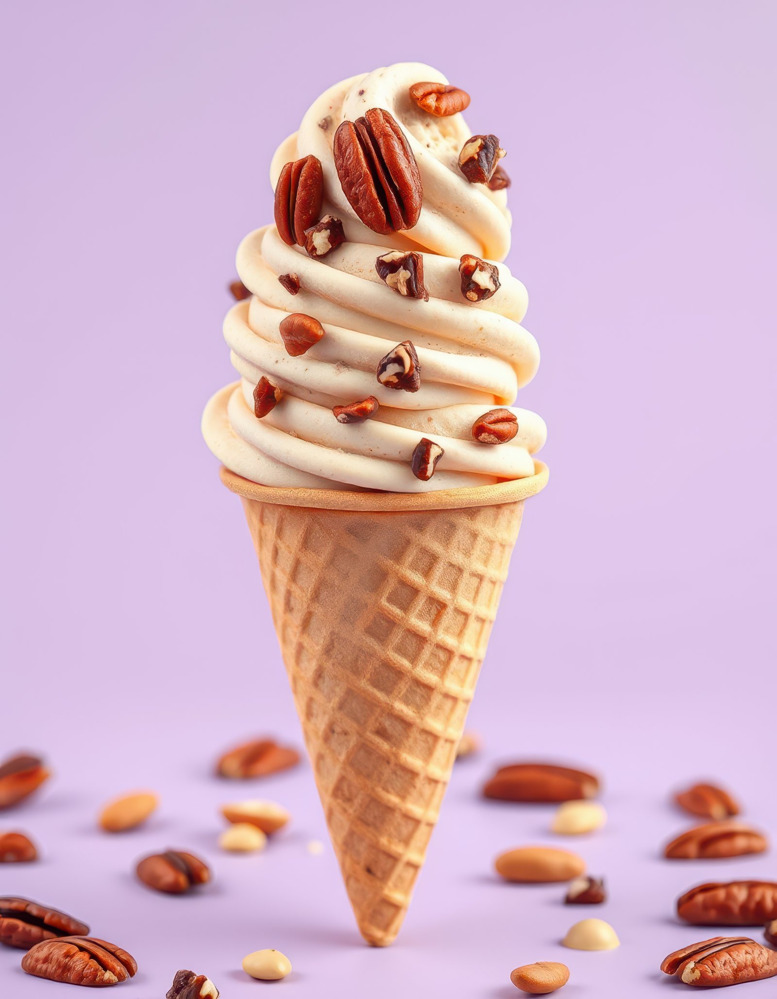 Indulgent frozen dessert with pecans set against a pastel purple backdrop during a sunny afternoon